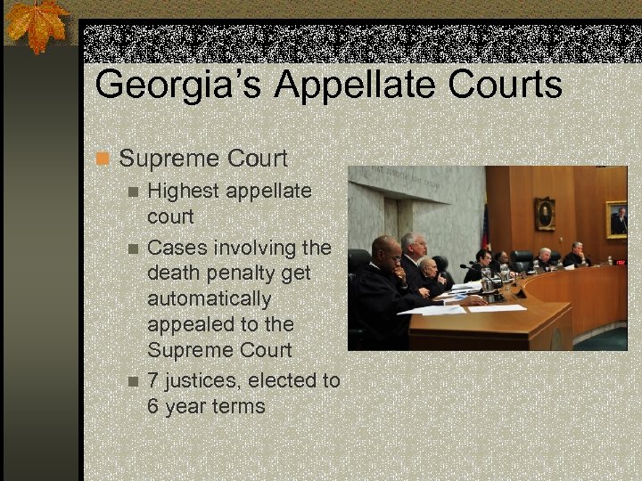 Georgia’s Appellate Courts n Supreme Court n Highest appellate court n Cases involving the