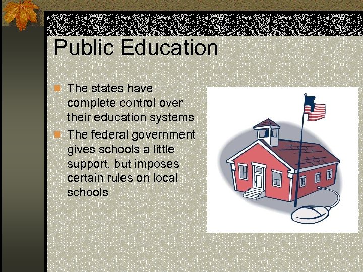 Public Education n The states have complete control over their education systems n The