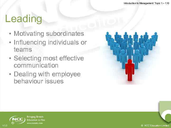 Introduction to Management Topic 1 – 1. 10 Leading • Motivating subordinates • Influencing