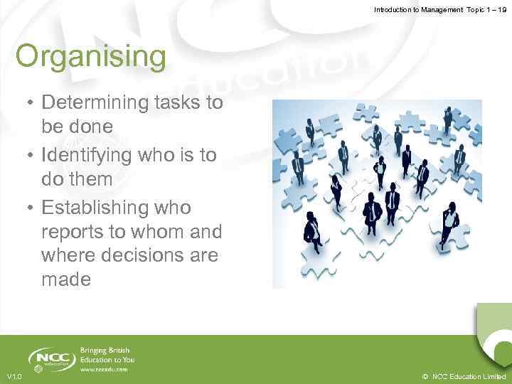 Introduction to Management Topic 1 – 1. 9 Organising • Determining tasks to be