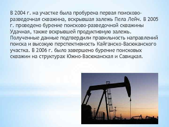 В 2004 г. на участке была пробурена первая поисковоразведочная скважина, вскрывшая залежь Пела Лейч.