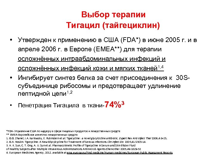 Выбор терапии Тигацил (тайгециклин) • Утвержден к применению в США (FDA*) в июне 2005