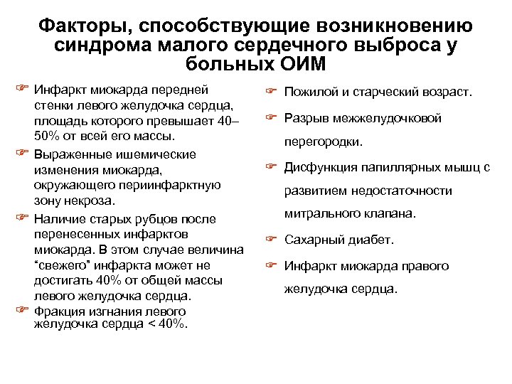 Факторы, способствующие возникновению синдрома малого сердечного выброса у больных ОИМ F Инфаркт миокарда передней