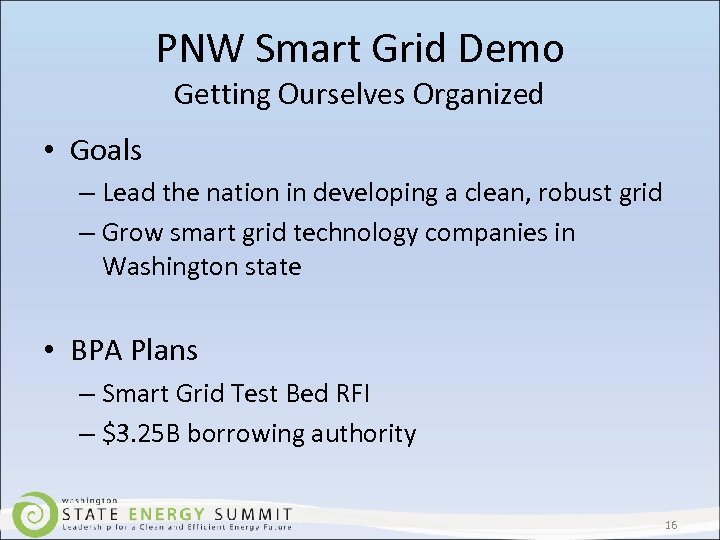PNW Smart Grid Demo Getting Ourselves Organized • Goals – Lead the nation in