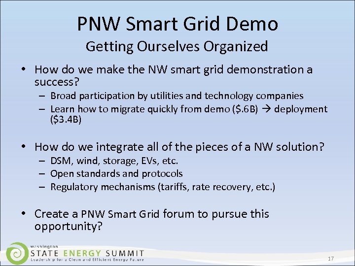 PNW Smart Grid Demo Getting Ourselves Organized • How do we make the NW