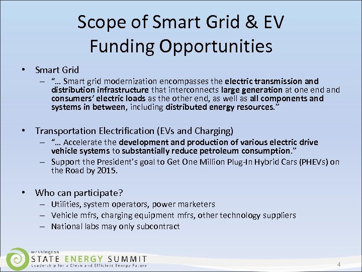 Scope of Smart Grid & EV Funding Opportunities • Smart Grid – “… Smart