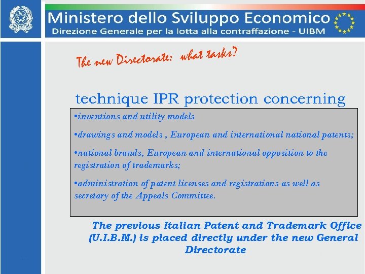 torate: what tasks? The new Direc technique IPR protection concerning • inventions and utility