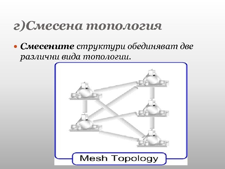 г)Смесена топология Смесените структури обединяват две различни вида топологии. 