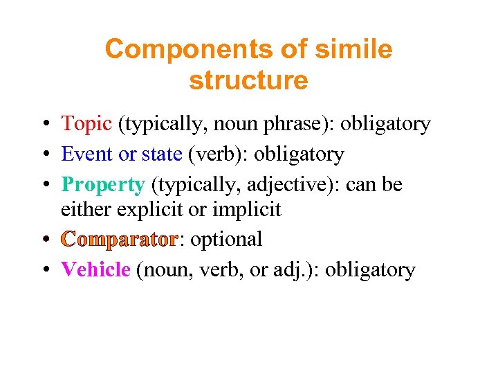Components of simile structure • Topic (typically, noun phrase): obligatory • Event or state