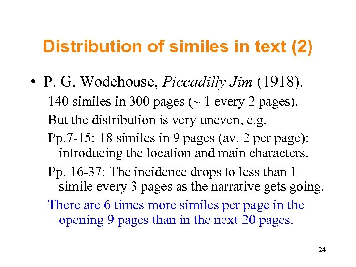 Distribution of similes in text (2) • P. G. Wodehouse, Piccadilly Jim (1918). 140