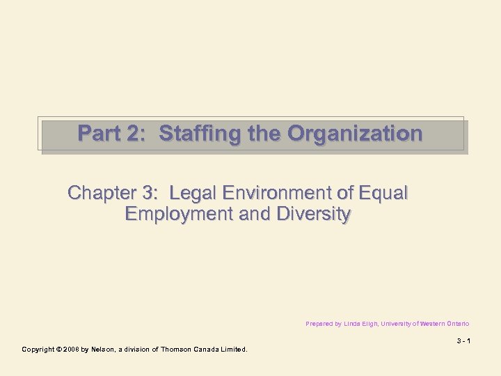 Part 2: Staffing the Organization Chapter 3: Legal Environment of Equal Employment and Diversity