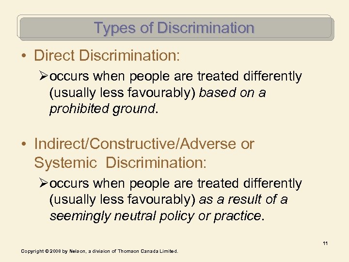 Types of Discrimination • Direct Discrimination: Øoccurs when people are treated differently (usually less