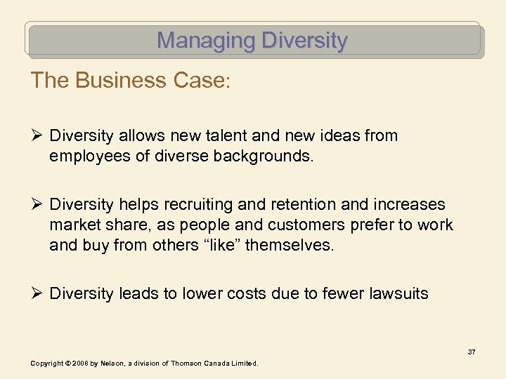 Managing Diversity The Business Case: Ø Diversity allows new talent and new ideas from