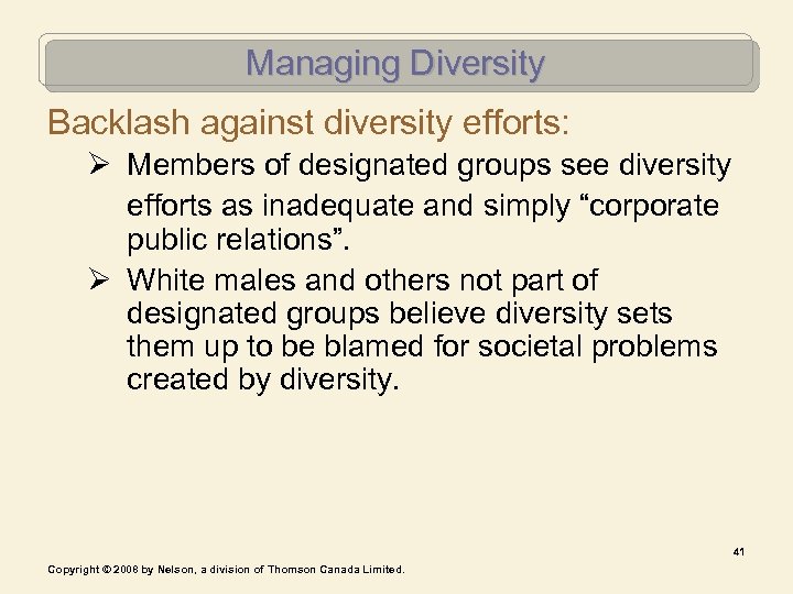 Managing Diversity Backlash against diversity efforts: Ø Members of designated groups see diversity efforts