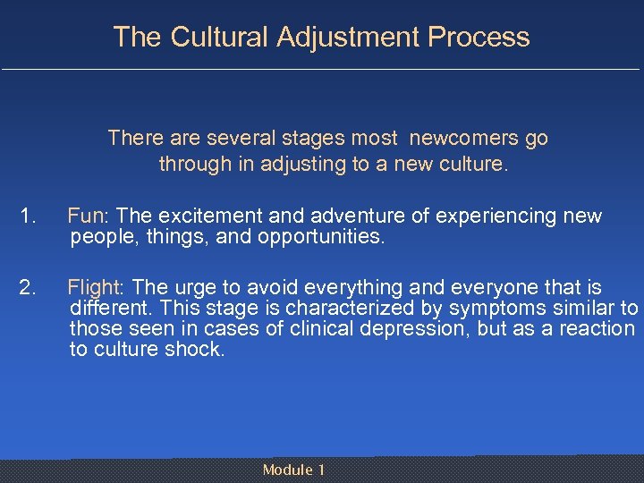 The Cultural Adjustment Process There are several stages most newcomers go through in adjusting