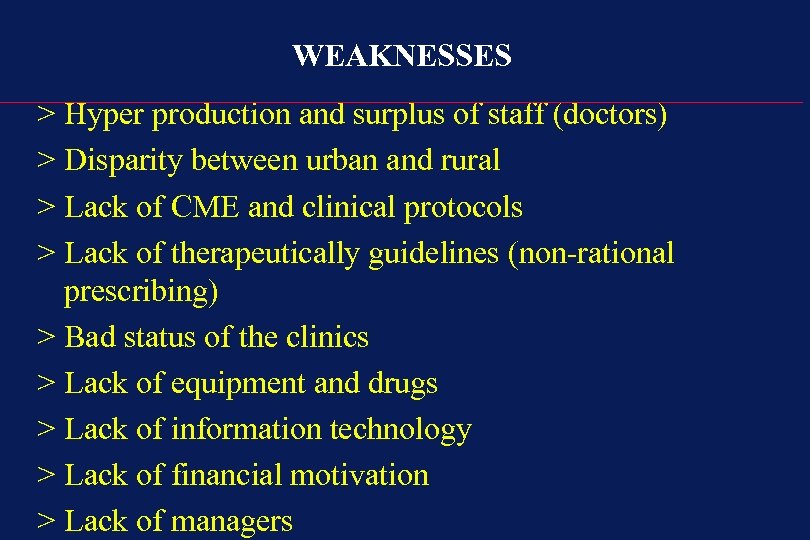 WEAKNESSES > Hyper production and surplus of staff (doctors) > Disparity between urban and