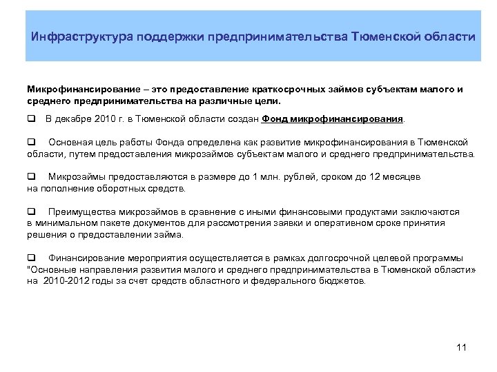 Инфраструктура поддержки предпринимательства Тюменской области Микрофинансирование – это предоставление краткосрочных займов субъектам малого и