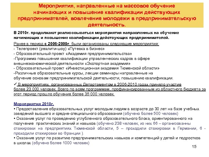 Мероприятия, направленные на массовое обучение начинающих и повышение квалификации действующих предпринимателей, вовлечение молодежи в