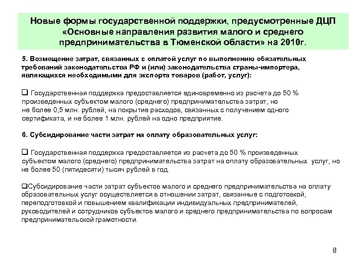 Новые формы государственной поддержки, предусмотренные ДЦП «Основные направления развития малого и среднего предпринимательства в