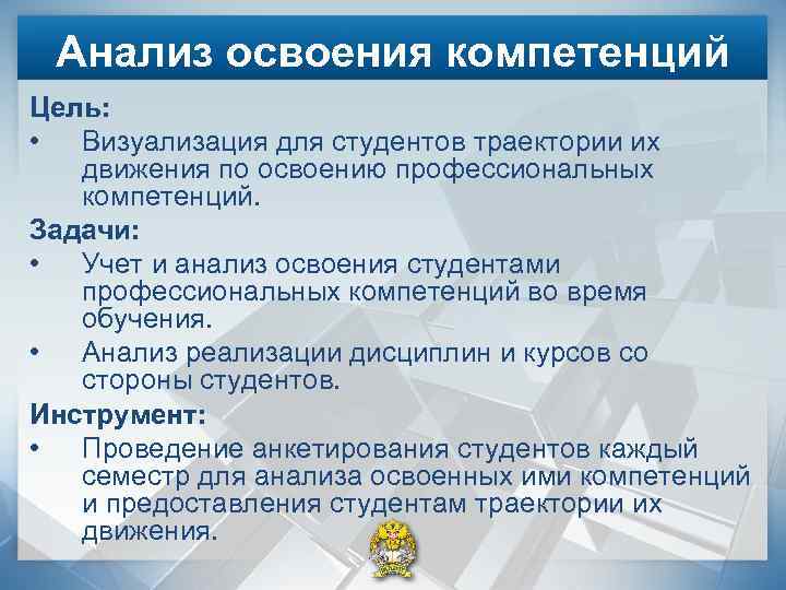Анализ освоения компетенций Цель: • Визуализация для студентов траектории их движения по освоению профессиональных
