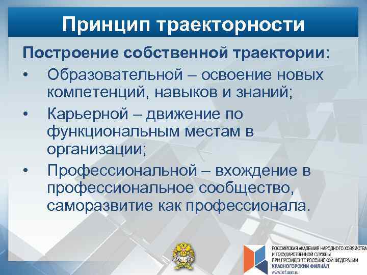 Принцип траекторности Построение собственной траектории: • Образовательной – освоение новых компетенций, навыков и знаний;