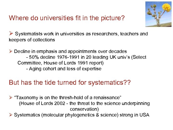 Where do universities fit in the picture? Ø Systematists work in universities as researchers,