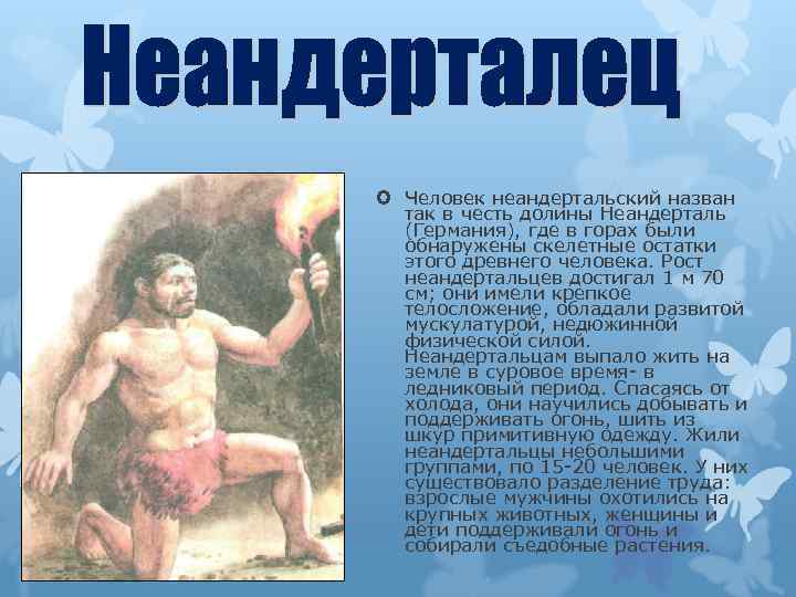  Человек неандертальский назван так в честь долины Неандерталь (Германия), где в горах были