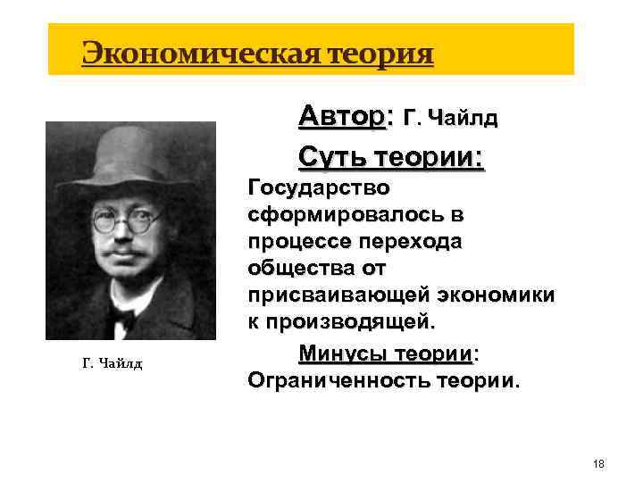 Автор: Г. Чайлд Суть теории: Г. Чайлд Государство сформировалось в процессе перехода общества от