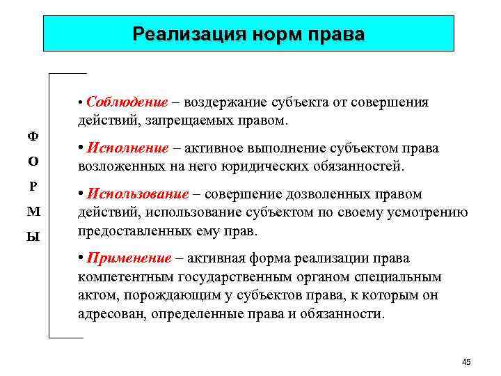 Реализация норм права • Соблюдение – воздержание субъекта от совершения Ф О Р М