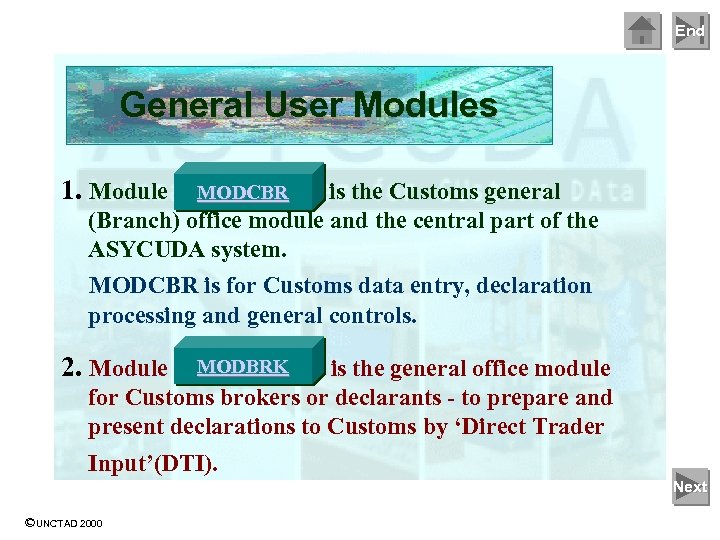 End General User Modules 1. Module ‘MODCBR’ is the Customs general MODCBR (Branch) office