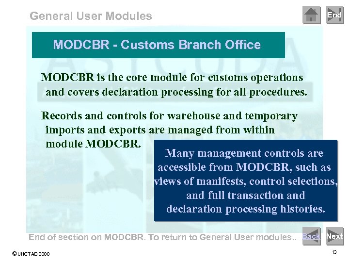 General User Modules End MODCBR - Customs Branch Office MODCBR is the core module