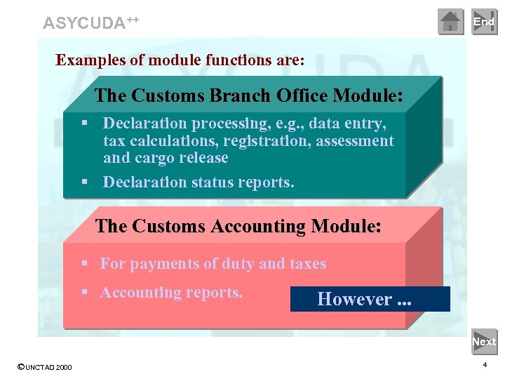 ASYCUDA++ End Examples of module functions are: The Customs Branch Office Module: § Declaration