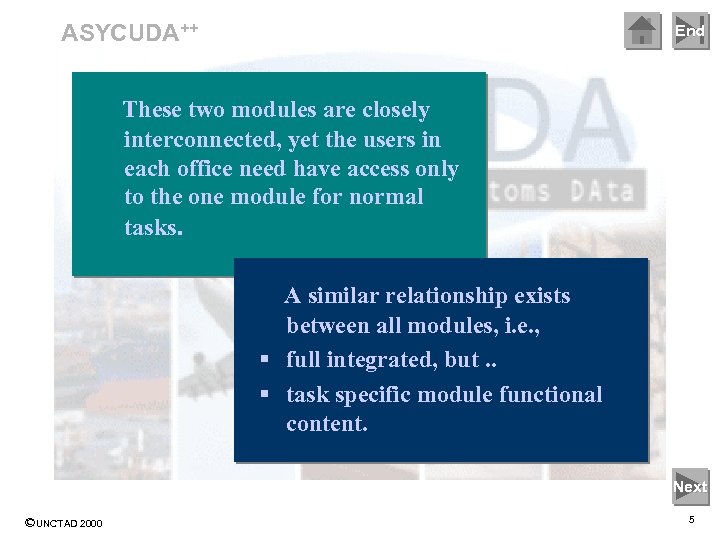 ASYCUDA++ End These two modules are closely interconnected, yet the users in each office