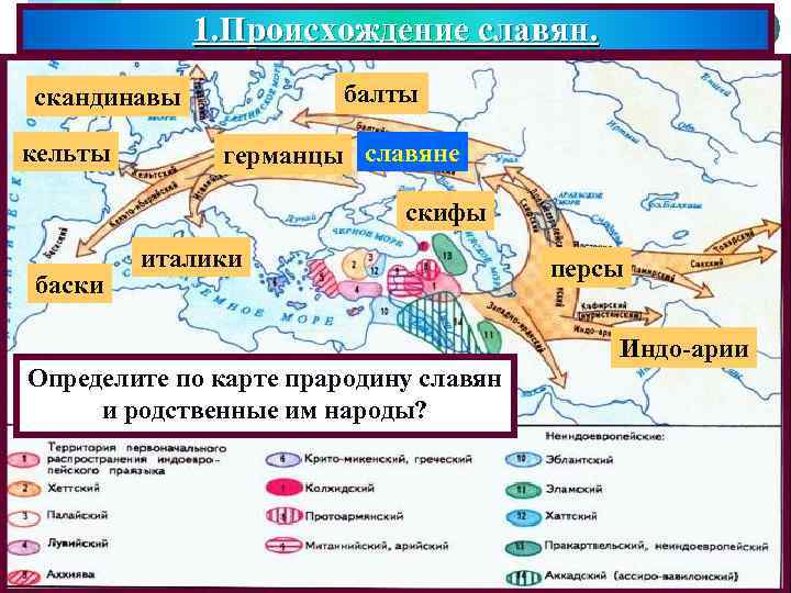 1. Происхождение славян. балты скандинавы кельты Меню германцы славяне скифы баски италики персы Индо-арии