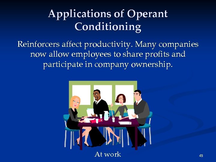 Applications of Operant Conditioning Reinforcers affect productivity. Many companies now allow employees to share