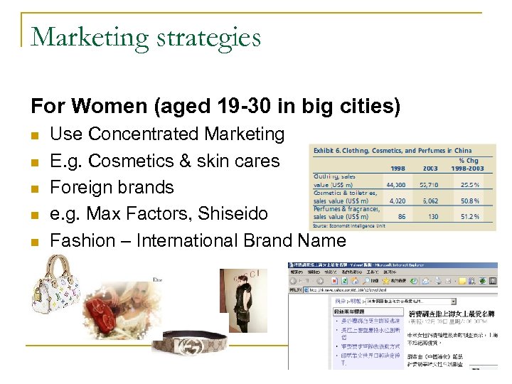 Marketing strategies For Women (aged 19 -30 in big cities) n n n Use