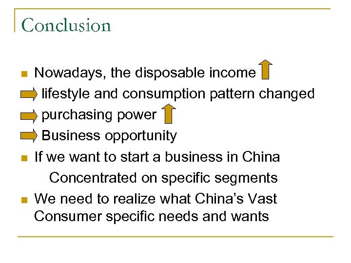 Conclusion n Nowadays, the disposable income lifestyle and consumption pattern changed purchasing power Business