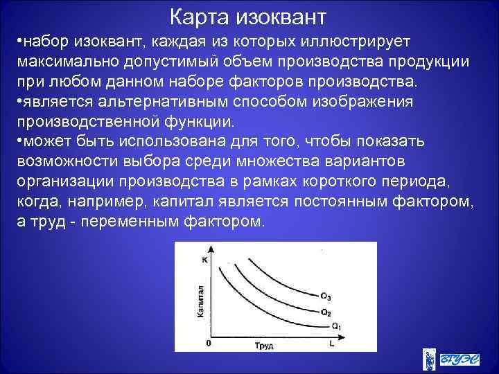 Карта изоквант • набор изоквант, каждая из которых иллюстрирует максимально допустимый объем производства продукции