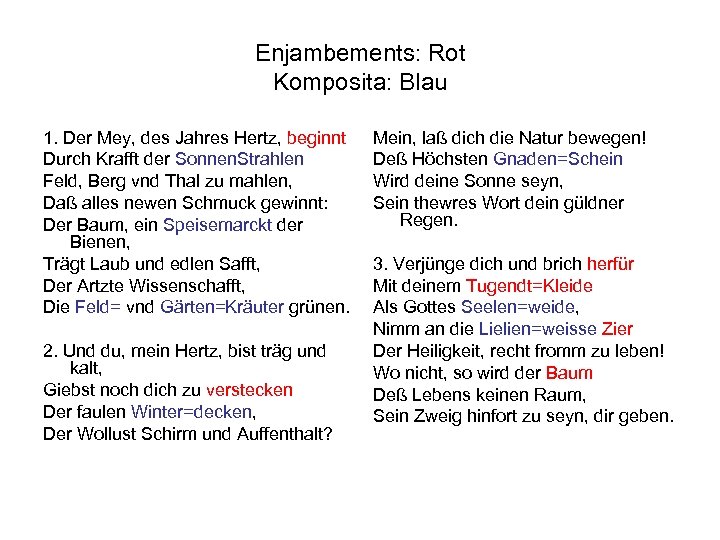 Enjambements: Rot Komposita: Blau 1. Der Mey, des Jahres Hertz, beginnt Durch Krafft der