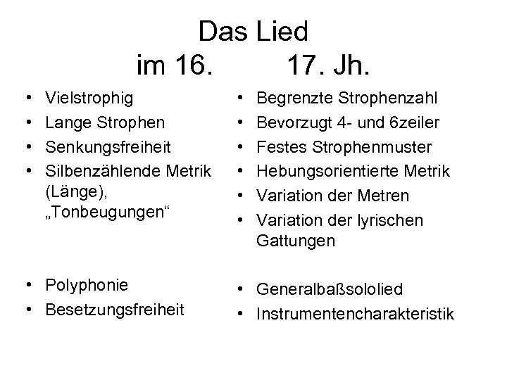 Das Lied im 16. 17. Jh. • • Vielstrophig Lange Strophen Senkungsfreiheit Silbenzählende Metrik