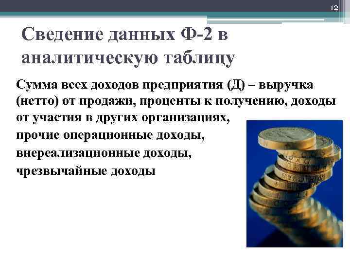 12 Сведение данных Ф-2 в аналитическую таблицу Сумма всех доходов предприятия (Д) – выручка