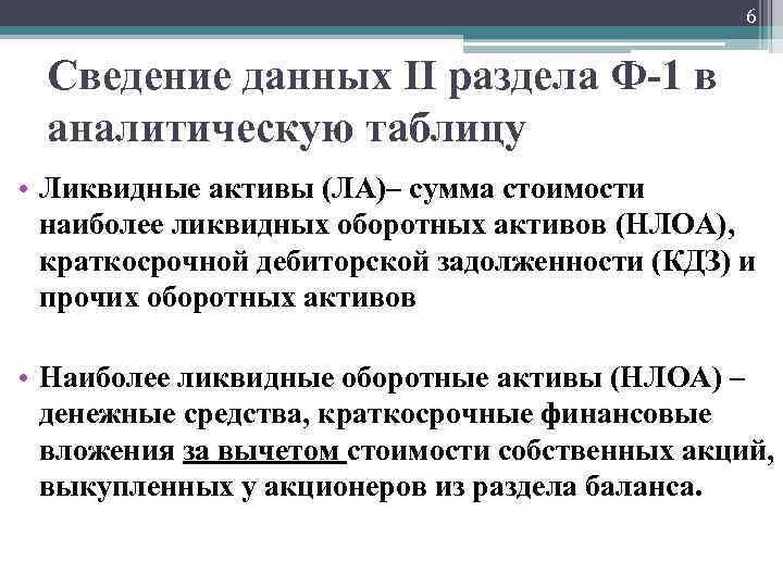 6 Сведение данных II раздела Ф-1 в аналитическую таблицу • Ликвидные активы (ЛА)– сумма