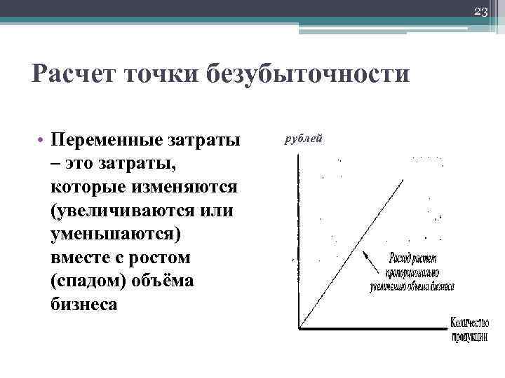 23 Расчет точки безубыточности • Переменные затраты – это затраты, которые изменяются (увеличиваются или