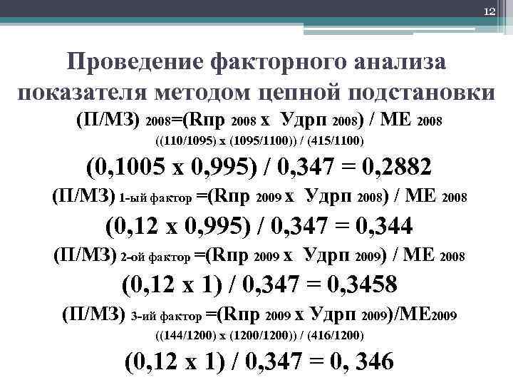 12 Проведение факторного анализа показателя методом цепной подстановки (П/МЗ) 2008=(Rпр 2008 х Удрп 2008)