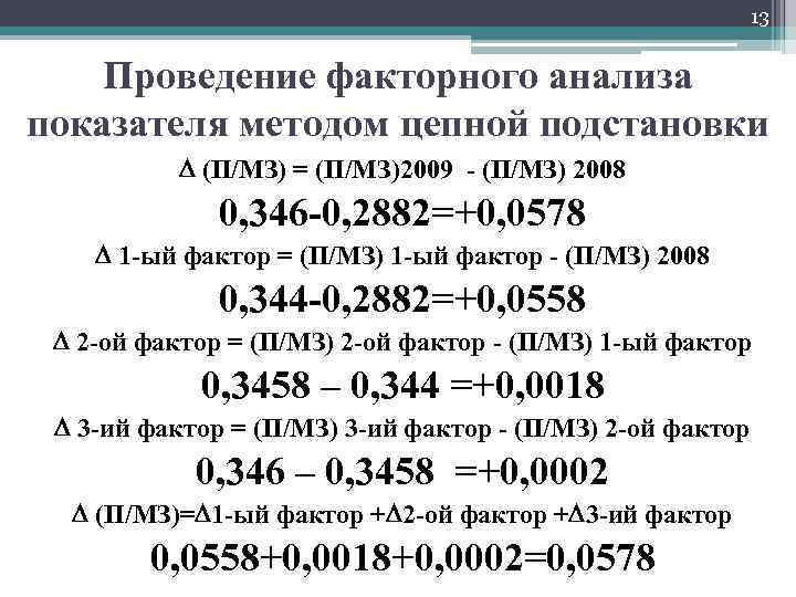 13 Проведение факторного анализа показателя методом цепной подстановки (П/МЗ) = (П/МЗ)2009 - (П/МЗ) 2008