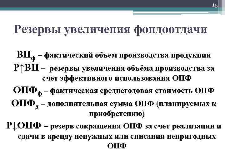 15 Резервы увеличения фондоотдачи ВПф – фактический объем производства продукции Р↑ВП – резервы увеличения