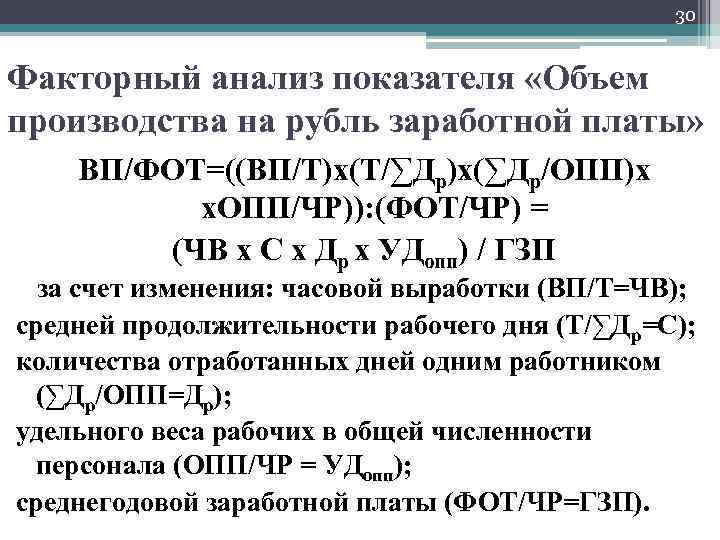 30 Факторный анализ показателя «Объем производства на рубль заработной платы» ВП/ФОТ=((ВП/Т)х(Т/∑Др)х(∑Др/ОПП)х х. ОПП/ЧР)): (ФОТ/ЧР)