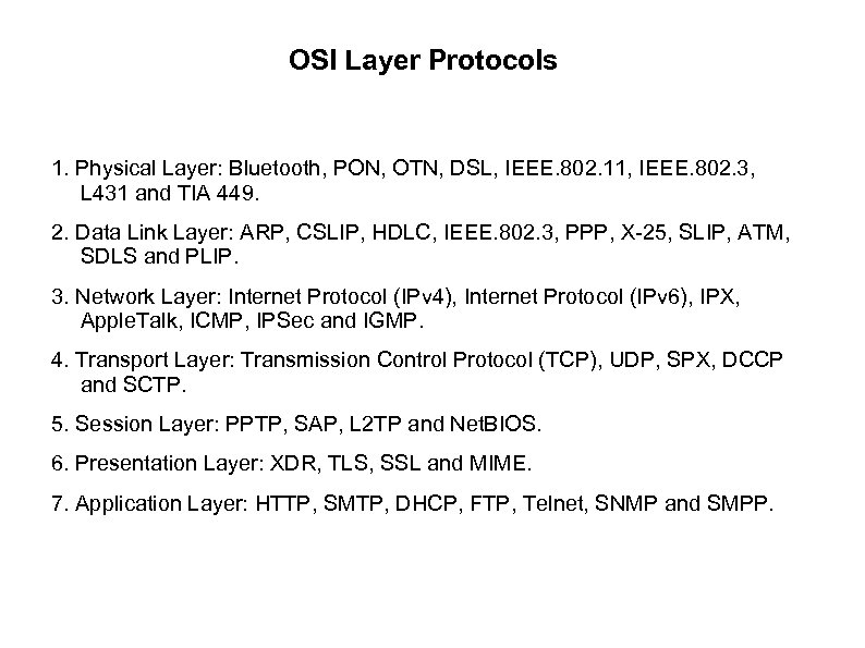 OSI Layer Protocols 1. Physical Layer: Bluetooth, PON, OTN, DSL, IEEE. 802. 11, IEEE.