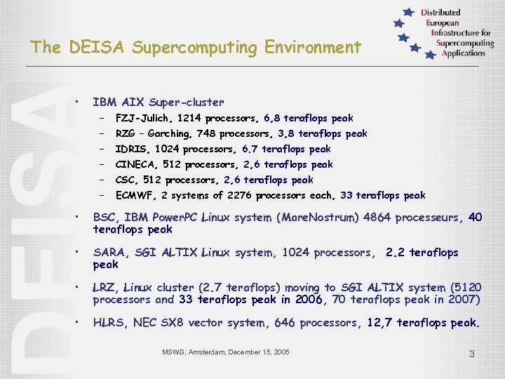 The DEISA Supercomputing Environment • IBM AIX Super-cluster – FZJ-Julich, 1214 processors, 6, 8