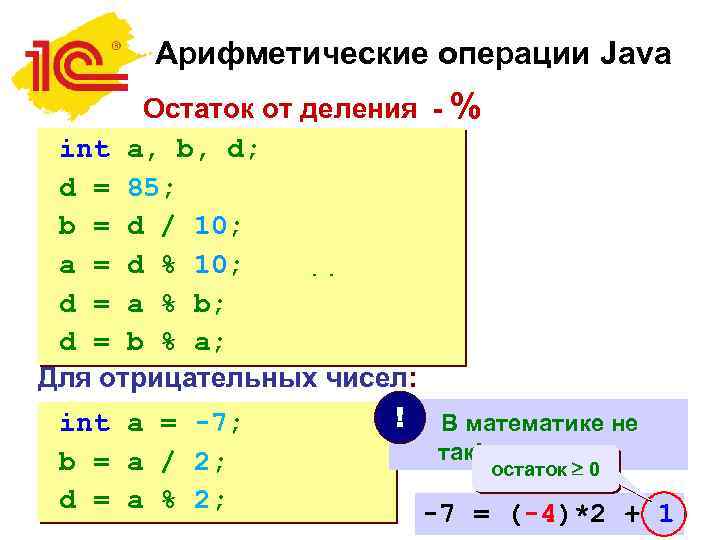 Арифметические операции Java Остаток от деления - % int a, b, d; d =